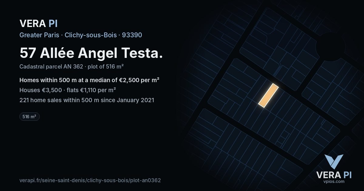 57 Allée Angel Testa, Clichy-sous-Bois at night – the plot lit, the parcels around coloured by the prices near them