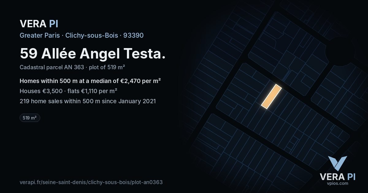 59 Allée Angel Testa, Clichy-sous-Bois at night – the plot lit, the parcels around coloured by the prices near them