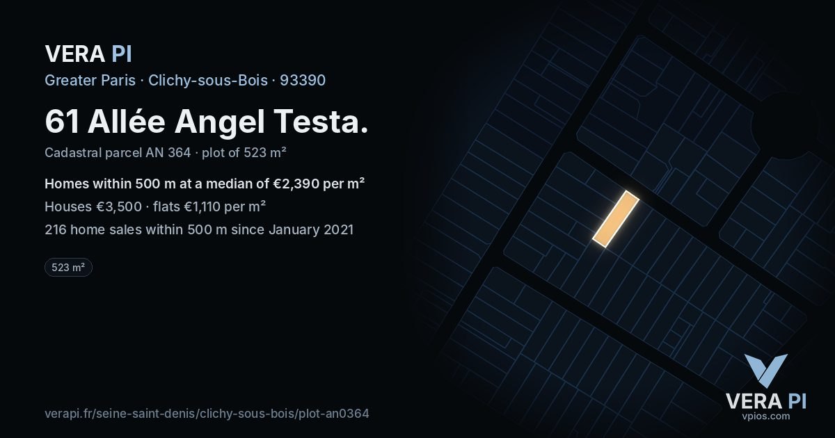 61 Allée Angel Testa, Clichy-sous-Bois at night – the plot lit, the parcels around coloured by the prices near them