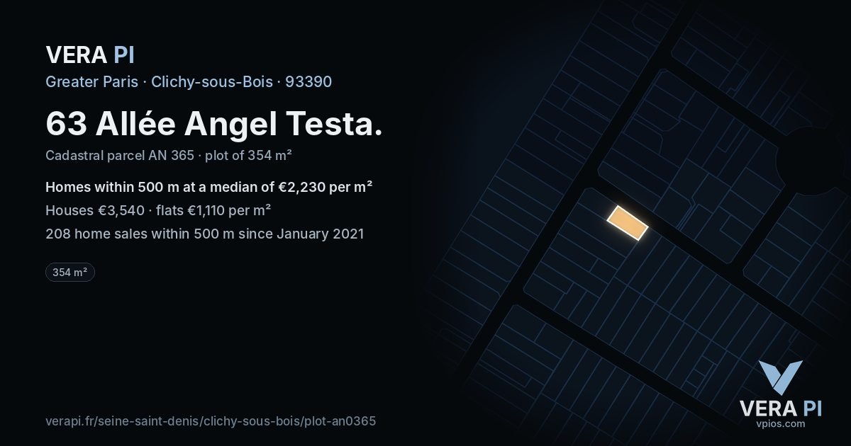 63 Allée Angel Testa, Clichy-sous-Bois at night – the plot lit, the parcels around coloured by the prices near them