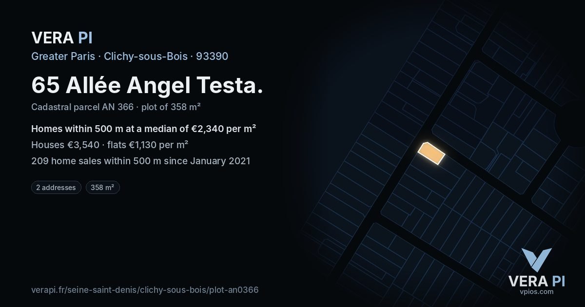 65 Allée Angel Testa, Clichy-sous-Bois at night – the plot lit, the parcels around coloured by the prices near them