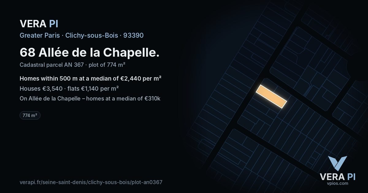68 Allée de la Chapelle, Clichy-sous-Bois at night – the plot lit, the parcels around coloured by the prices near them