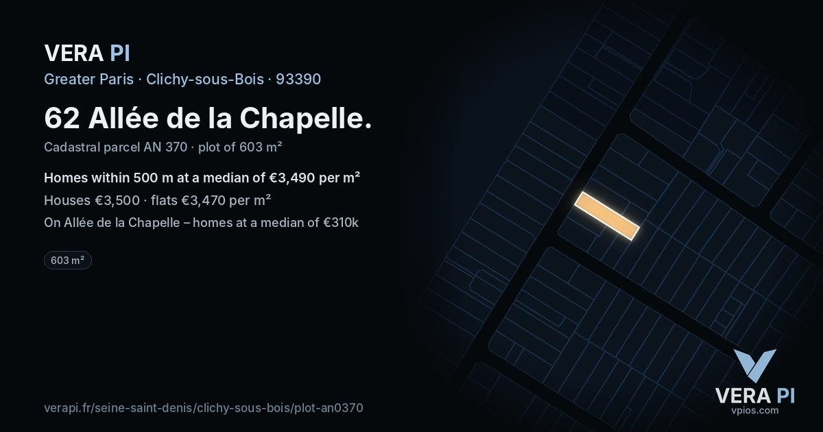 62 Allée de la Chapelle, Clichy-sous-Bois at night – the plot lit, the parcels around coloured by the prices near them
