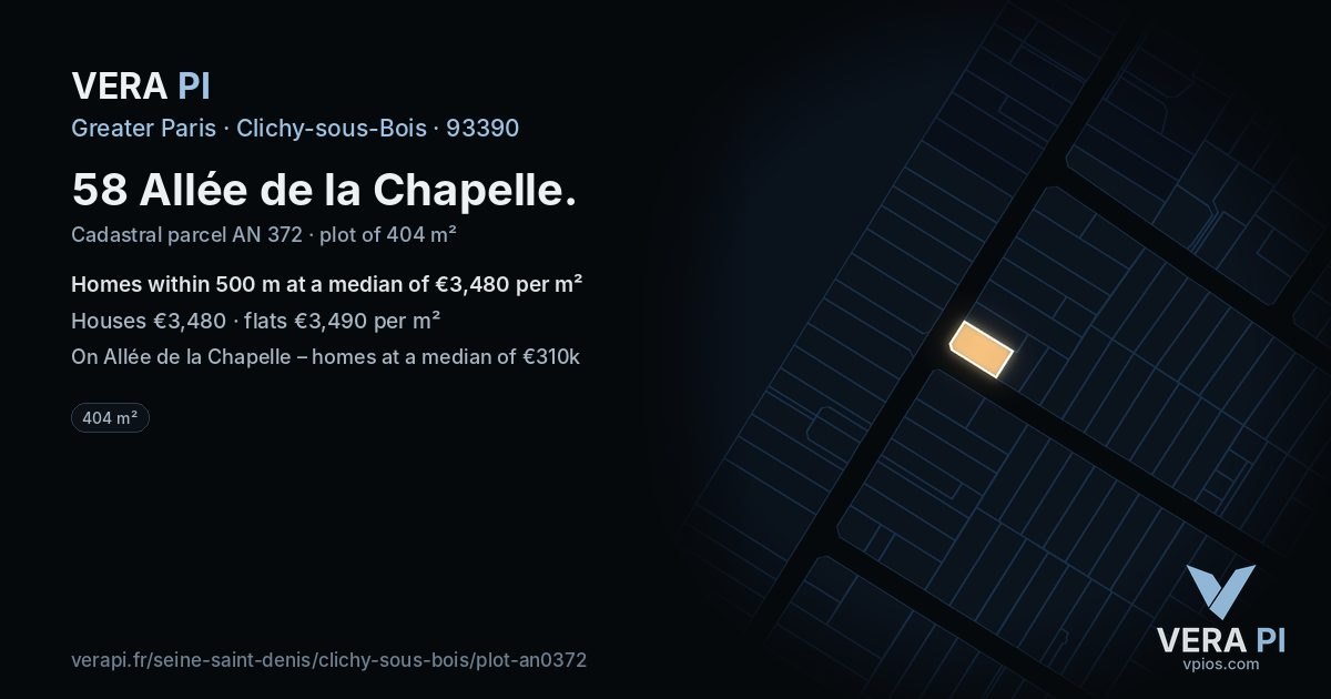 58 Allée de la Chapelle, Clichy-sous-Bois at night – the plot lit, the parcels around coloured by the prices near them