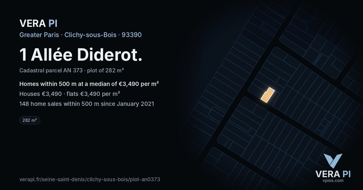 1 Allée Diderot, Clichy-sous-Bois at night – the plot lit, the parcels around coloured by the prices near them