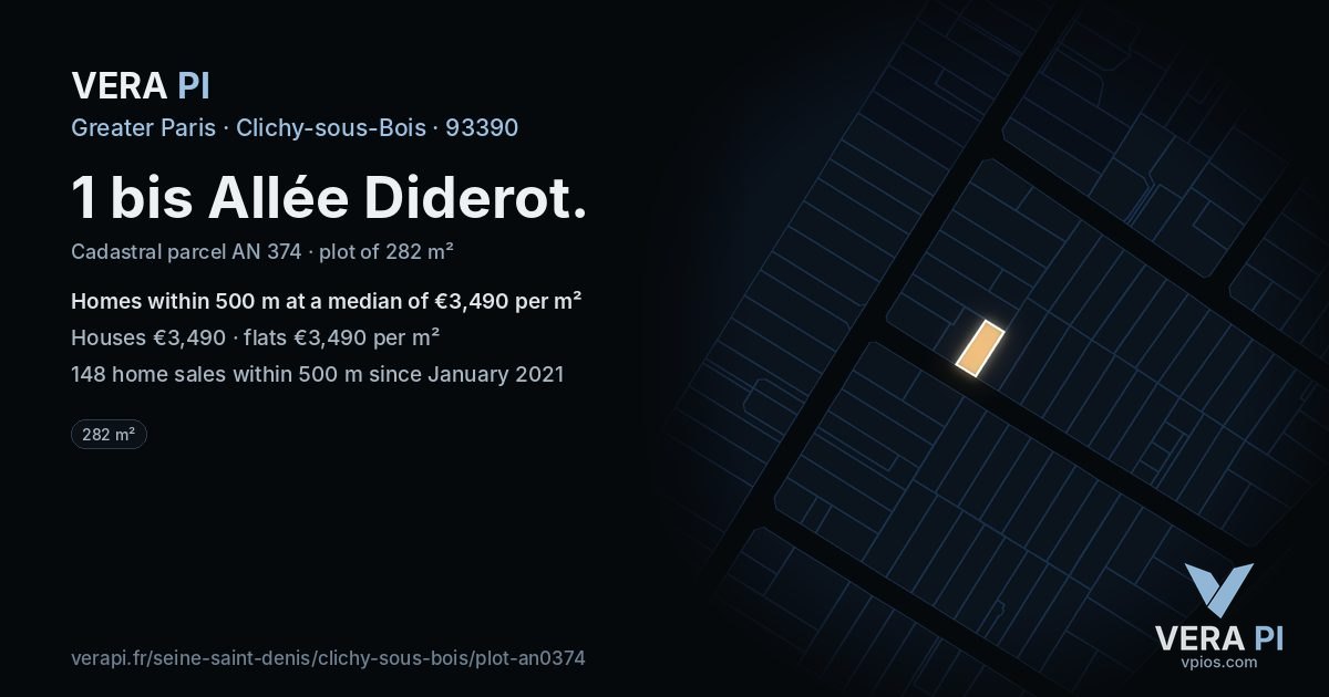 1 bis Allée Diderot, Clichy-sous-Bois at night – the plot lit, the parcels around coloured by the prices near them