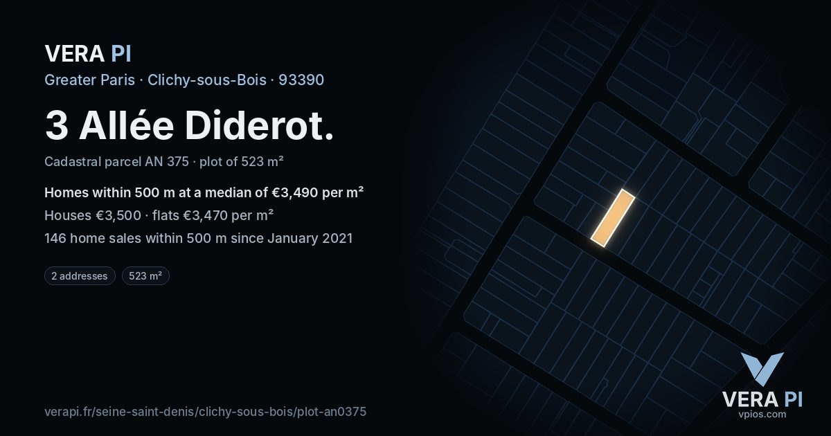 3 Allée Diderot, Clichy-sous-Bois at night – the plot lit, the parcels around coloured by the prices near them