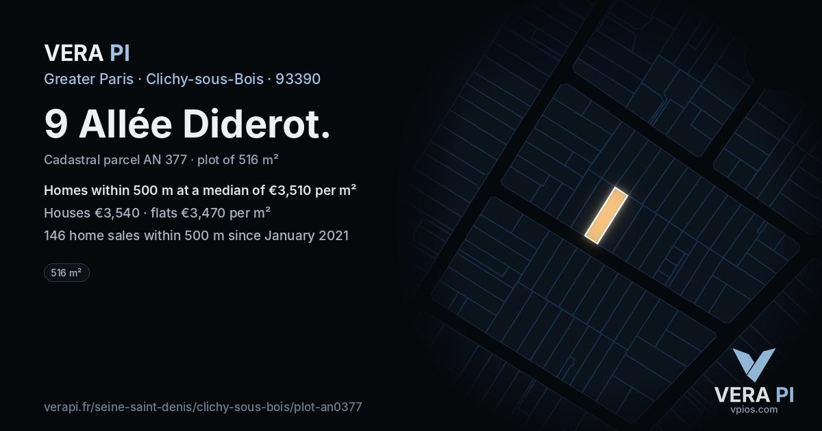 9 Allée Diderot, Clichy-sous-Bois at night – the plot lit, the parcels around coloured by the prices near them