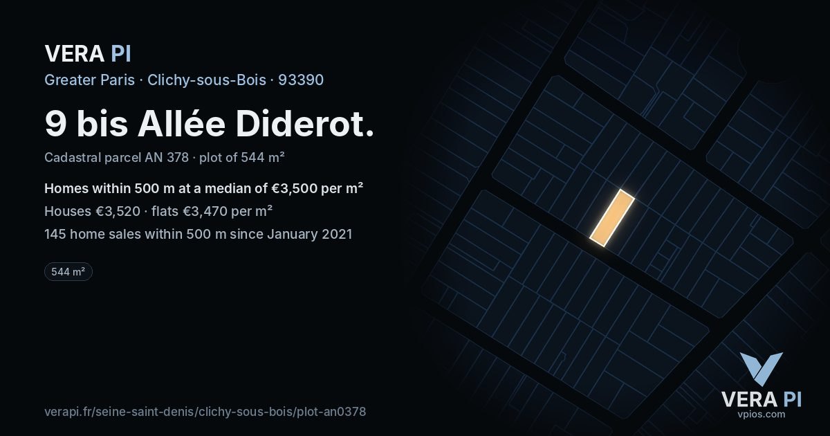 9 bis Allée Diderot, Clichy-sous-Bois at night – the plot lit, the parcels around coloured by the prices near them
