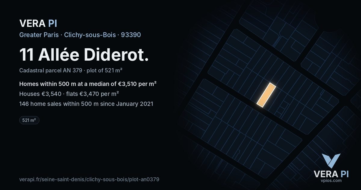 11 Allée Diderot, Clichy-sous-Bois at night – the plot lit, the parcels around coloured by the prices near them