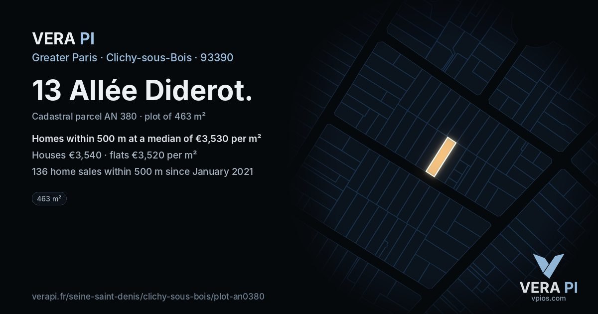 13 Allée Diderot, Clichy-sous-Bois at night – the plot lit, the parcels around coloured by the prices near them