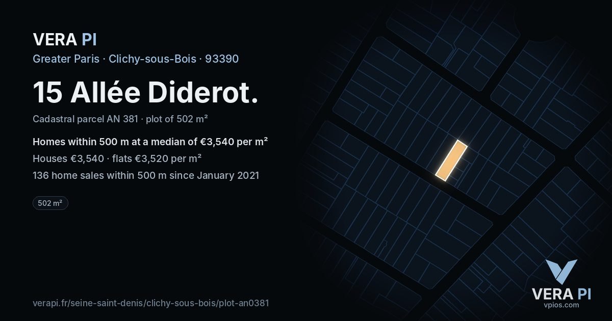 15 Allée Diderot, Clichy-sous-Bois at night – the plot lit, the parcels around coloured by the prices near them