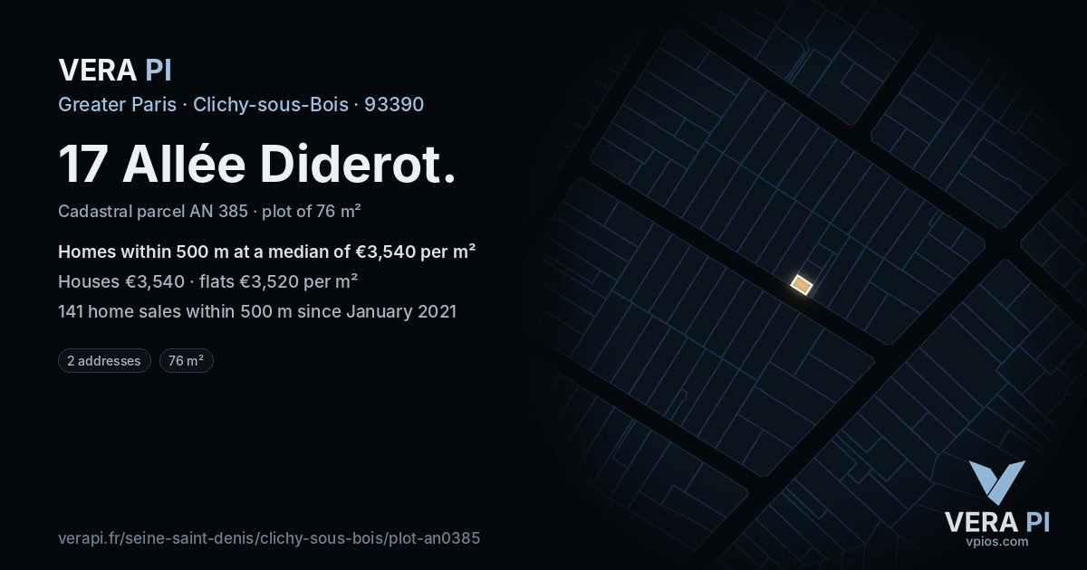 17 Allée Diderot, Clichy-sous-Bois at night – the plot lit, the parcels around coloured by the prices near them