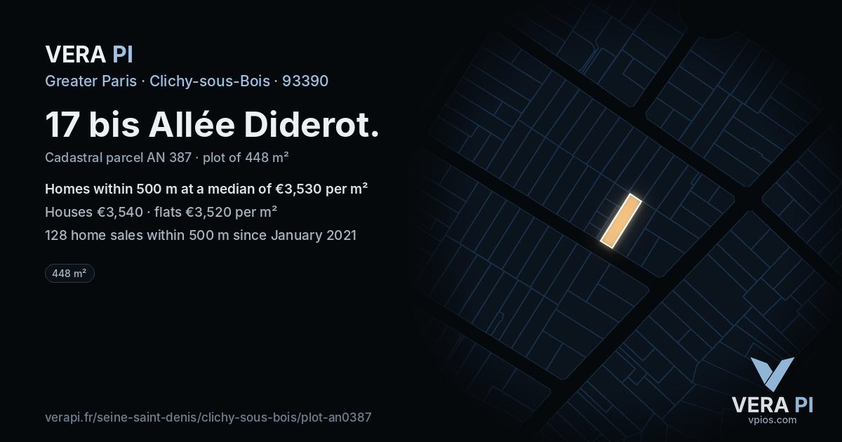 17 bis Allée Diderot, Clichy-sous-Bois at night – the plot lit, the parcels around coloured by the prices near them