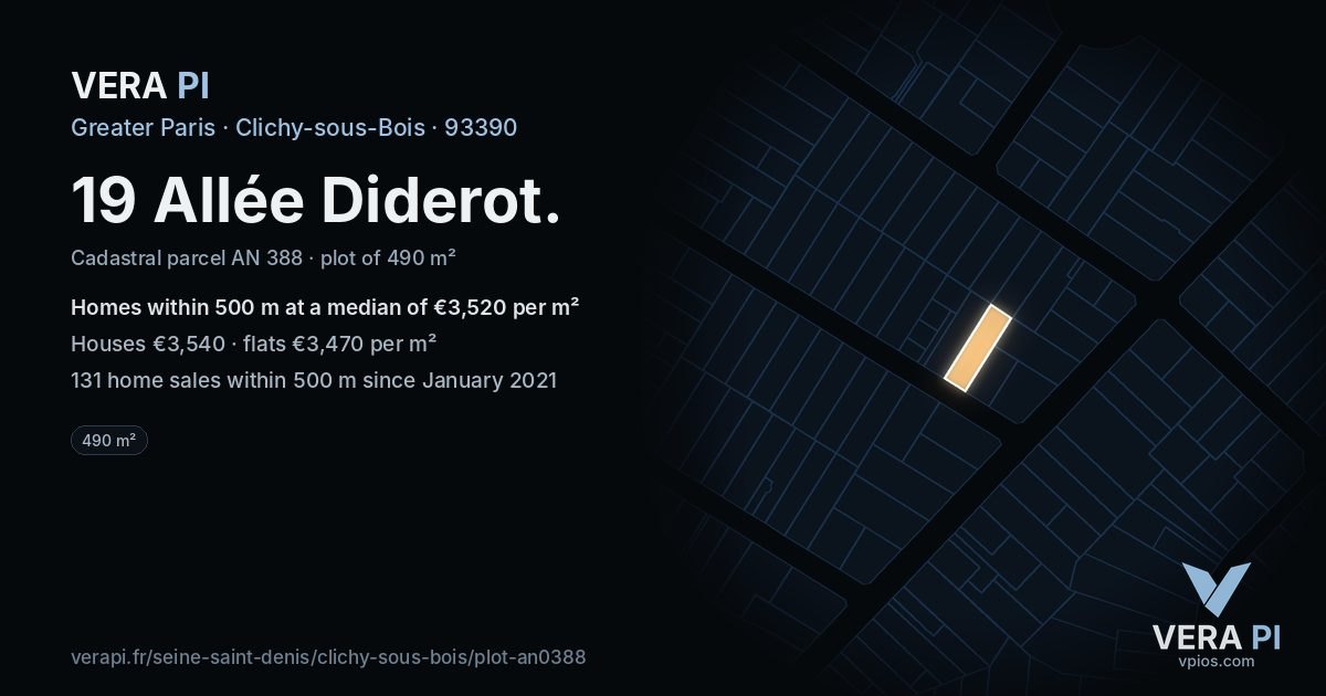 19 Allée Diderot, Clichy-sous-Bois at night – the plot lit, the parcels around coloured by the prices near them