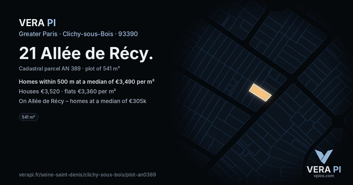 21 Allée de Récy, Clichy-sous-Bois at night – the plot lit, the parcels around coloured by the prices near them
