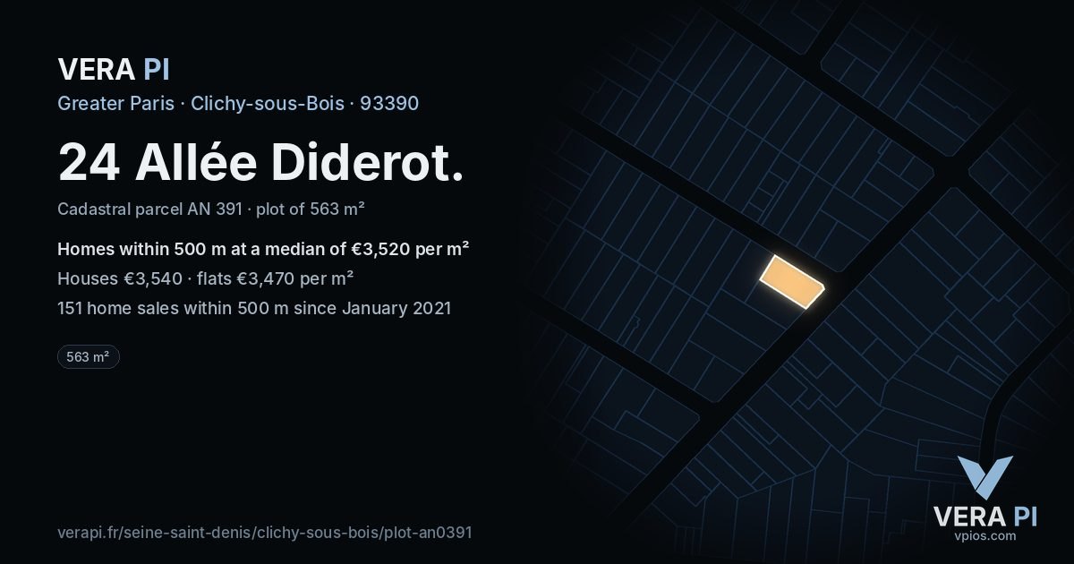 24 Allée Diderot, Clichy-sous-Bois at night – the plot lit, the parcels around coloured by the prices near them