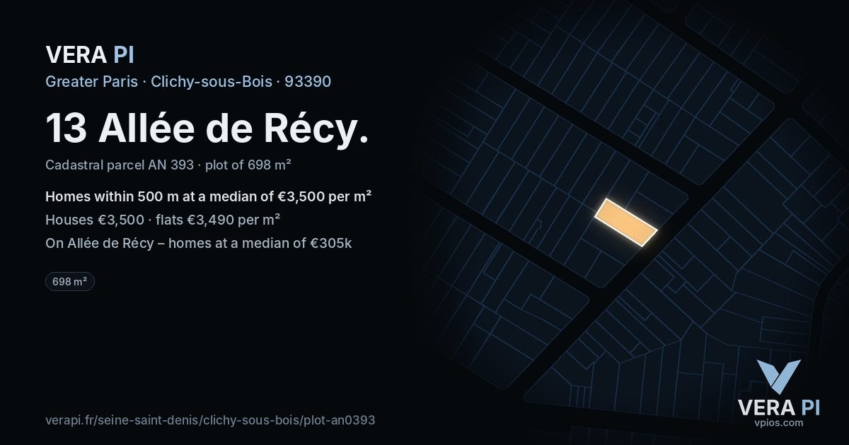 13 Allée de Récy, Clichy-sous-Bois at night – the plot lit, the parcels around coloured by the prices near them