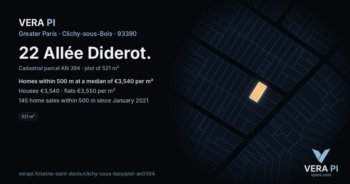 22 Allée Diderot, Clichy-sous-Bois at night – the plot lit, the parcels around coloured by the prices near them