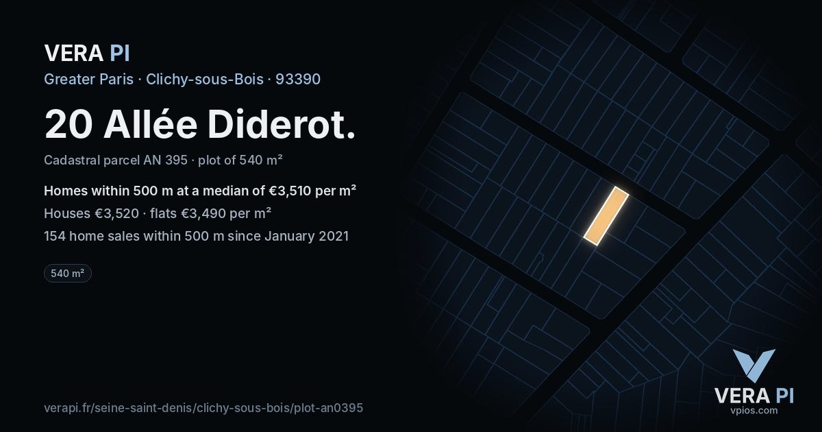 20 Allée Diderot, Clichy-sous-Bois at night – the plot lit, the parcels around coloured by the prices near them