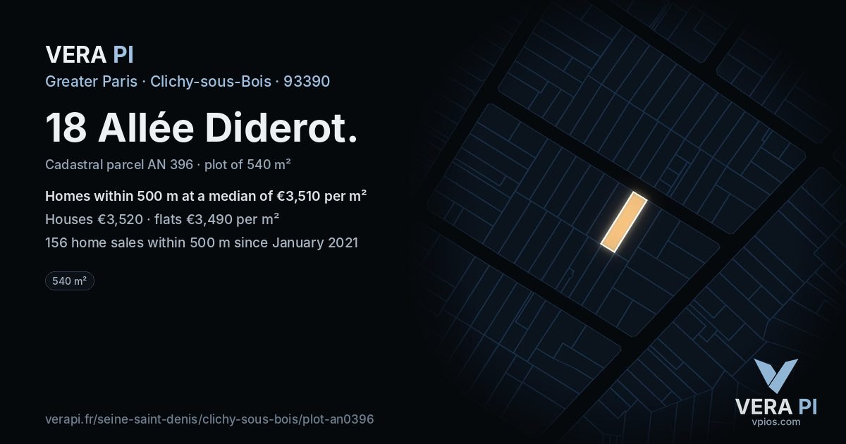18 Allée Diderot, Clichy-sous-Bois at night – the plot lit, the parcels around coloured by the prices near them