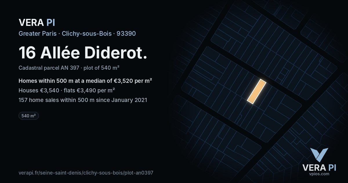 16 Allée Diderot, Clichy-sous-Bois at night – the plot lit, the parcels around coloured by the prices near them