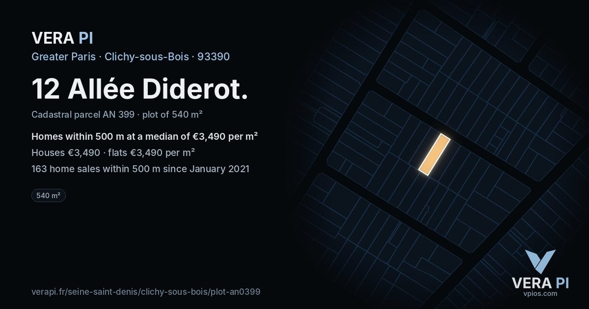 12 Allée Diderot, Clichy-sous-Bois at night – the plot lit, the parcels around coloured by the prices near them
