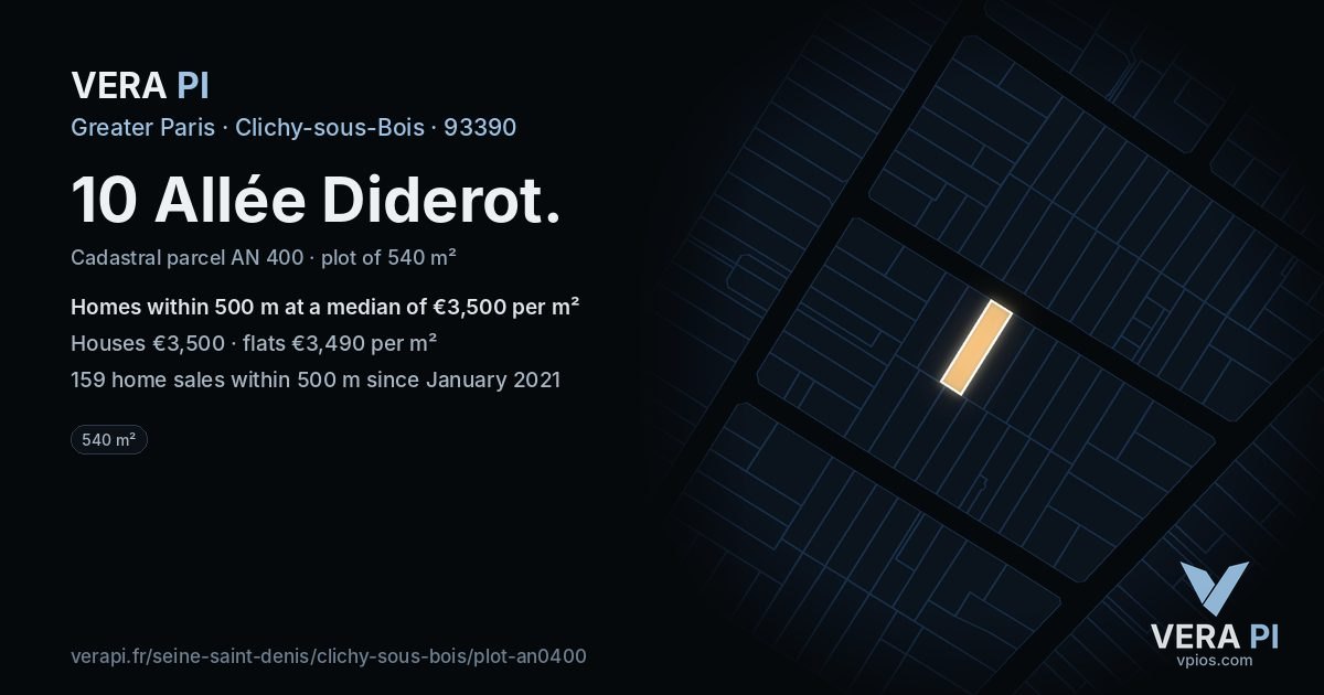 10 Allée Diderot, Clichy-sous-Bois at night – the plot lit, the parcels around coloured by the prices near them