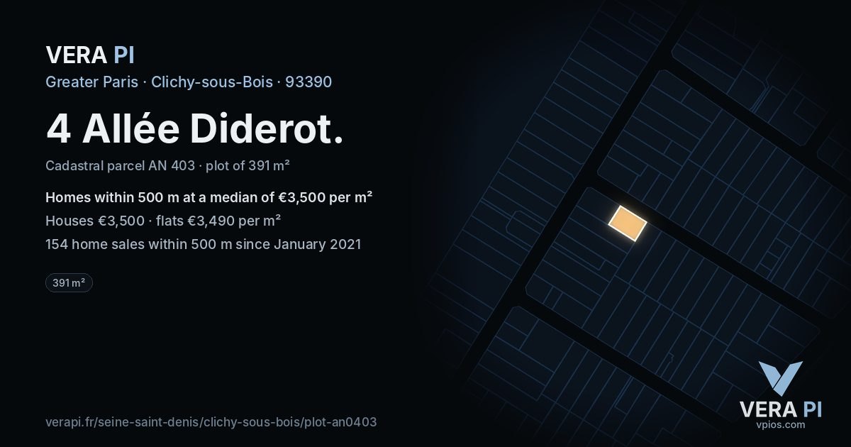 4 Allée Diderot, Clichy-sous-Bois at night – the plot lit, the parcels around coloured by the prices near them
