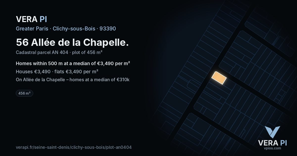 56 Allée de la Chapelle, Clichy-sous-Bois at night – the plot lit, the parcels around coloured by the prices near them