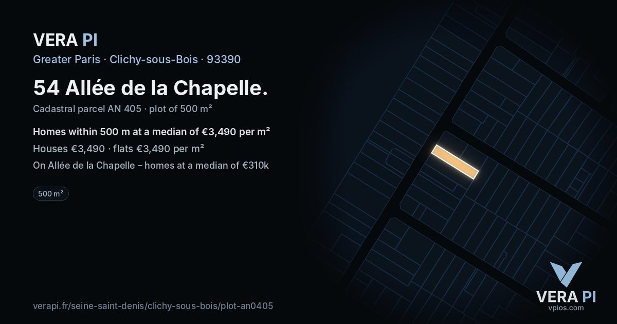 54 Allée de la Chapelle, Clichy-sous-Bois at night – the plot lit, the parcels around coloured by the prices near them