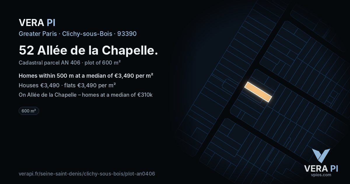 52 Allée de la Chapelle, Clichy-sous-Bois at night – the plot lit, the parcels around coloured by the prices near them