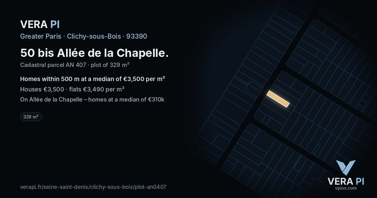 50 bis Allée de la Chapelle, Clichy-sous-Bois at night – the plot lit, the parcels around coloured by the prices near them