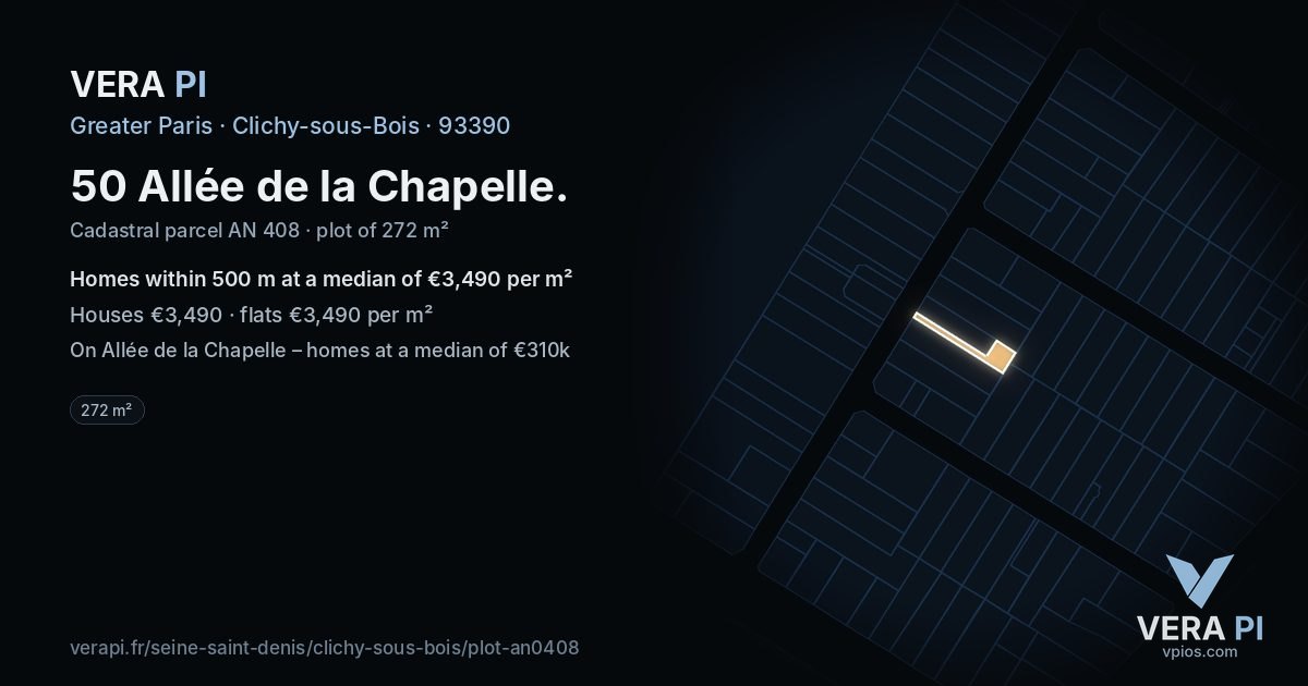 50 Allée de la Chapelle, Clichy-sous-Bois at night – the plot lit, the parcels around coloured by the prices near them