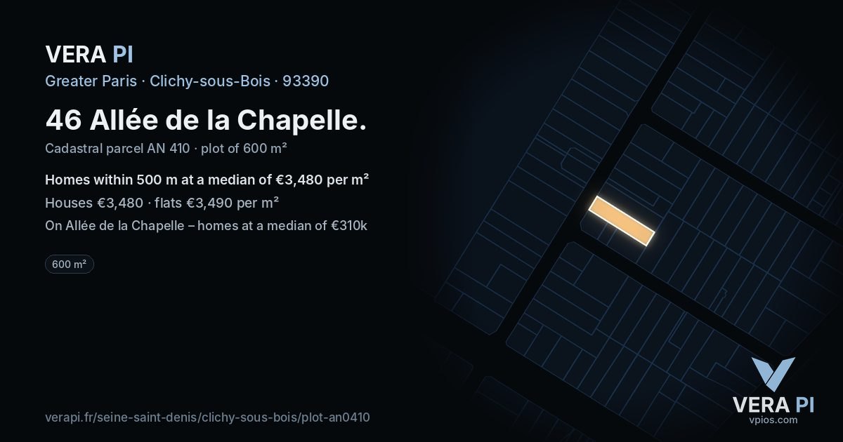 46 Allée de la Chapelle, Clichy-sous-Bois at night – the plot lit, the parcels around coloured by the prices near them
