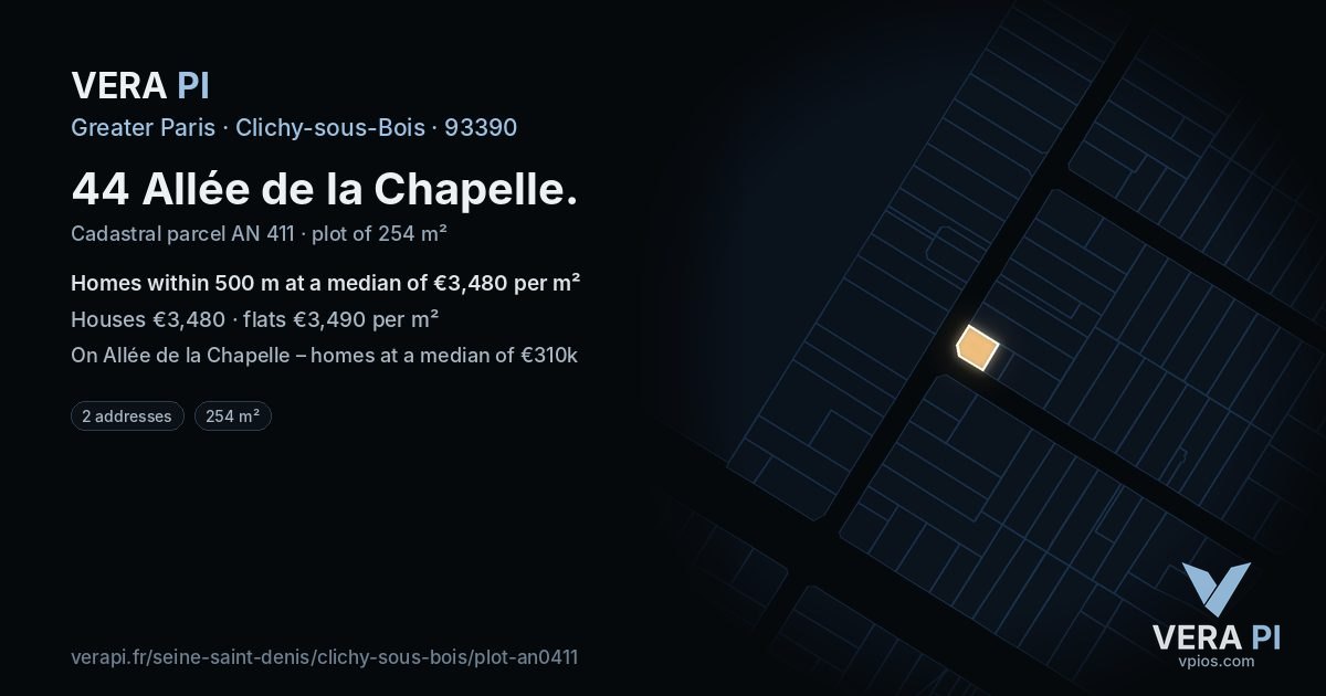 44 Allée de la Chapelle, Clichy-sous-Bois at night – the plot lit, the parcels around coloured by the prices near them