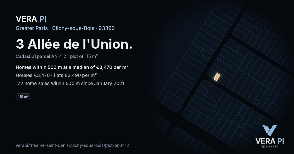 3 Allée de l'Union, Clichy-sous-Bois at night – the plot lit, the parcels around coloured by the prices near them