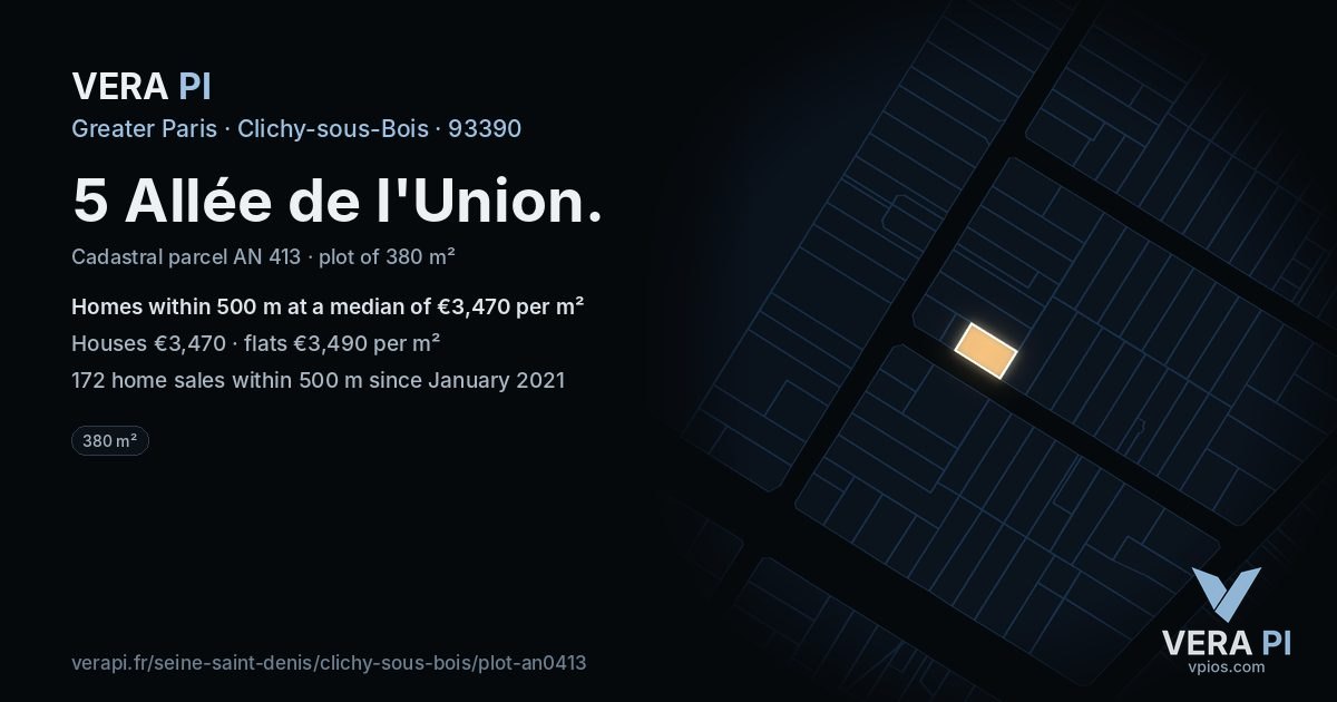 5 Allée de l'Union, Clichy-sous-Bois at night – the plot lit, the parcels around coloured by the prices near them