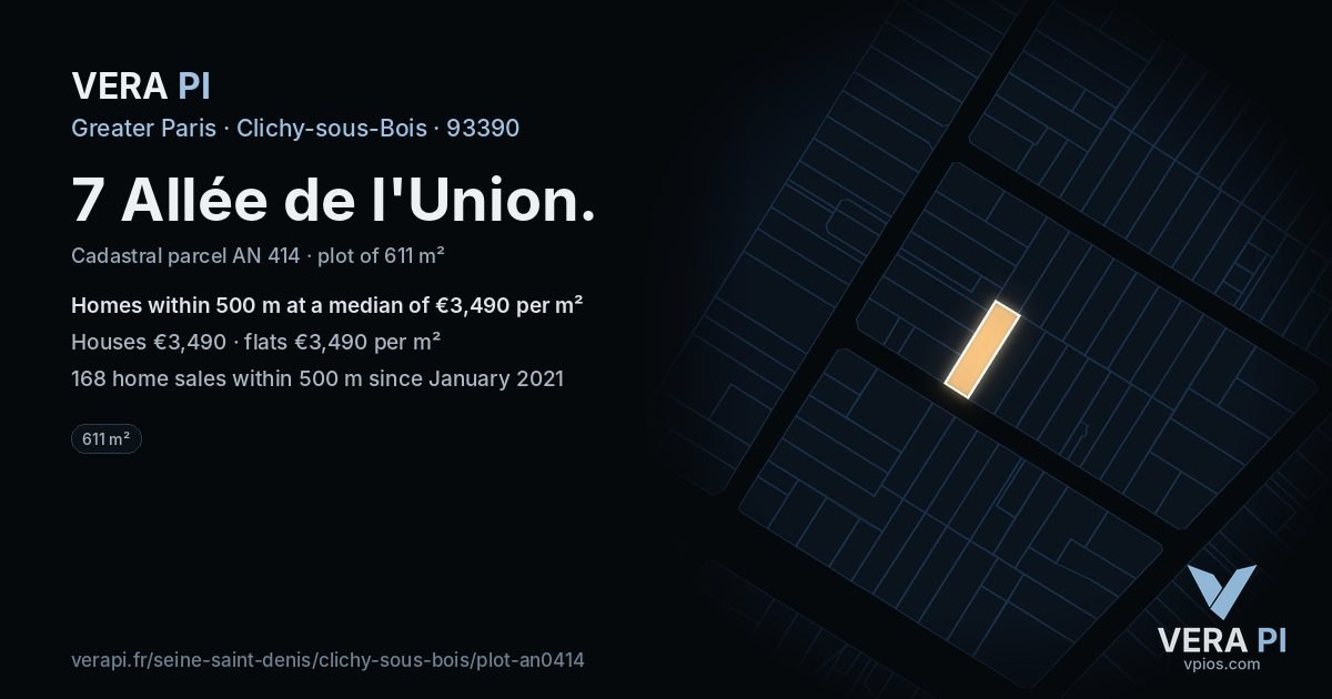 7 Allée de l'Union, Clichy-sous-Bois at night – the plot lit, the parcels around coloured by the prices near them