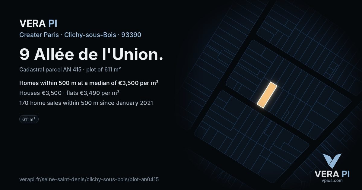 9 Allée de l'Union, Clichy-sous-Bois at night – the plot lit, the parcels around coloured by the prices near them