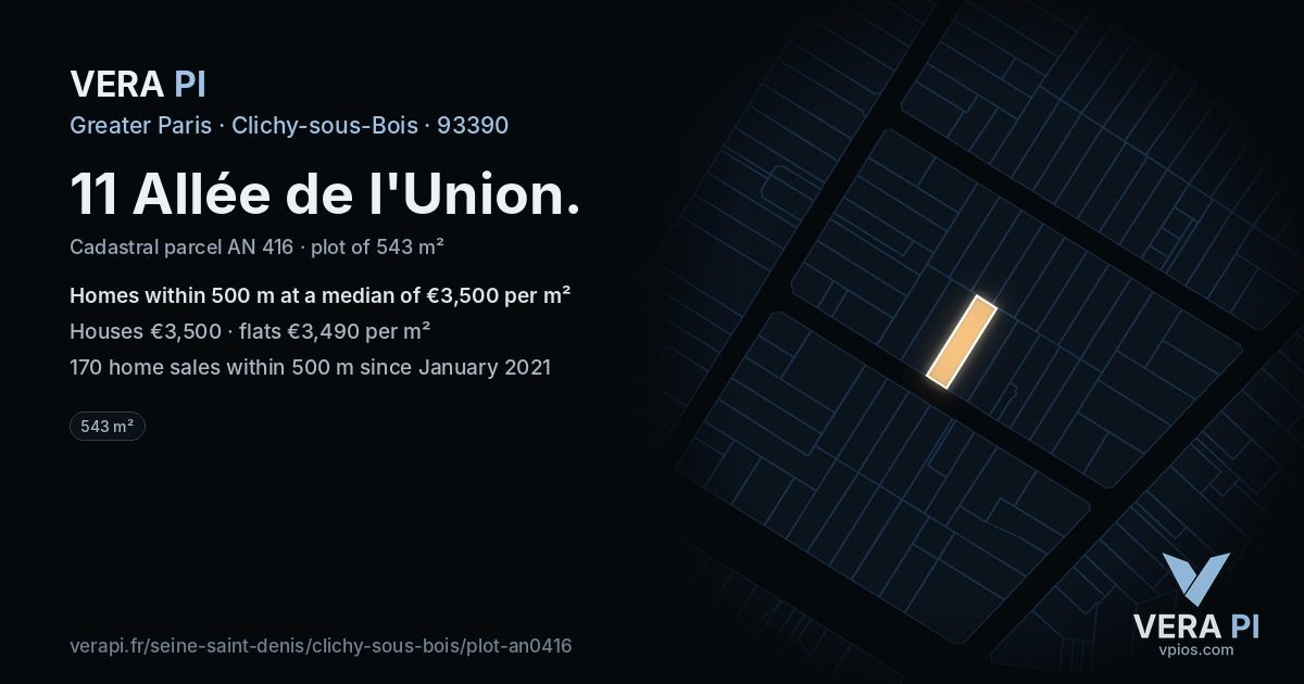 11 Allée de l'Union, Clichy-sous-Bois at night – the plot lit, the parcels around coloured by the prices near them