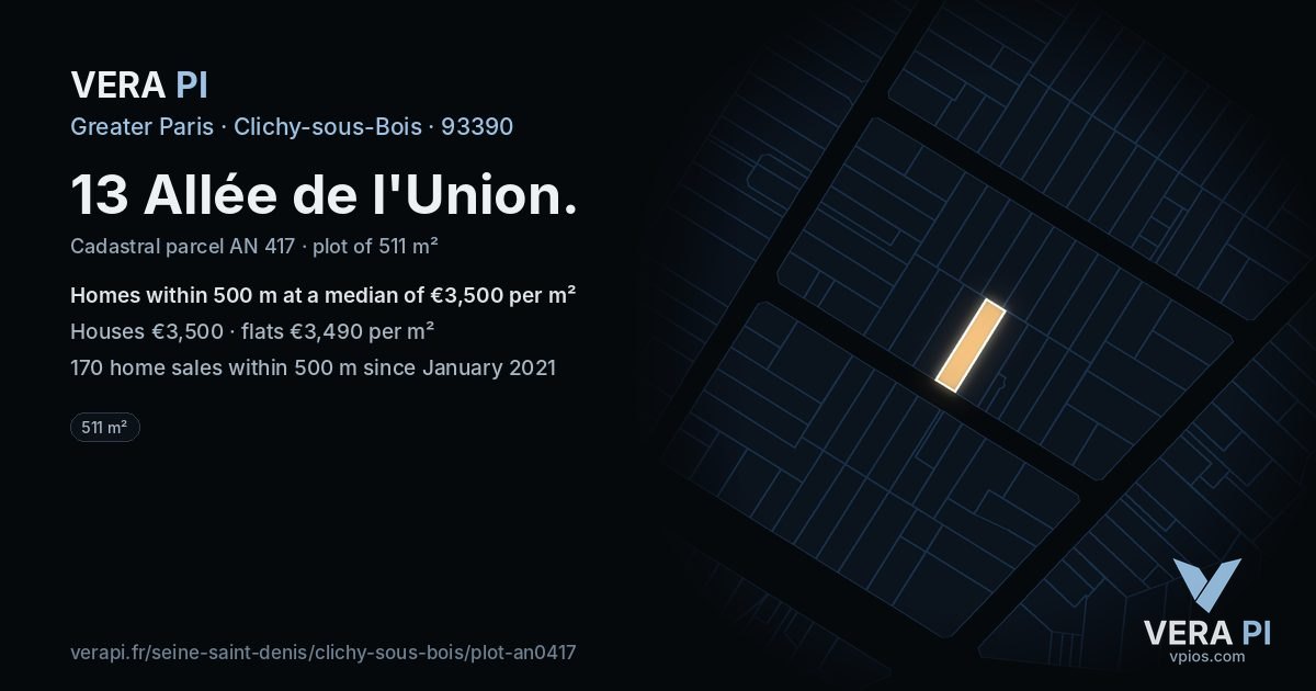 13 Allée de l'Union, Clichy-sous-Bois at night – the plot lit, the parcels around coloured by the prices near them