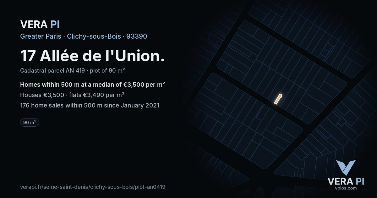 17 Allée de l'Union, Clichy-sous-Bois at night – the plot lit, the parcels around coloured by the prices near them