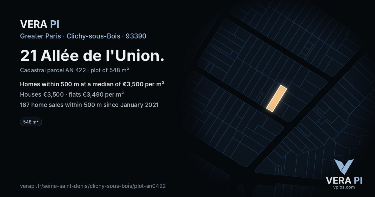 21 Allée de l'Union, Clichy-sous-Bois at night – the plot lit, the parcels around coloured by the prices near them
