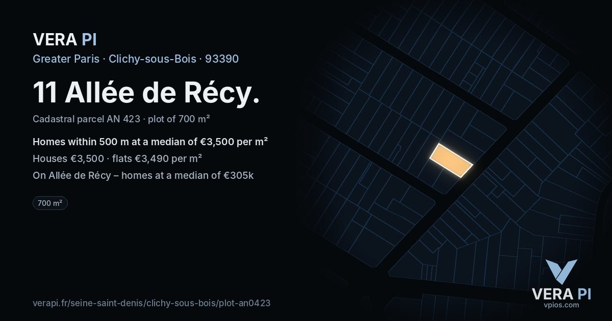 11 Allée de Récy, Clichy-sous-Bois at night – the plot lit, the parcels around coloured by the prices near them
