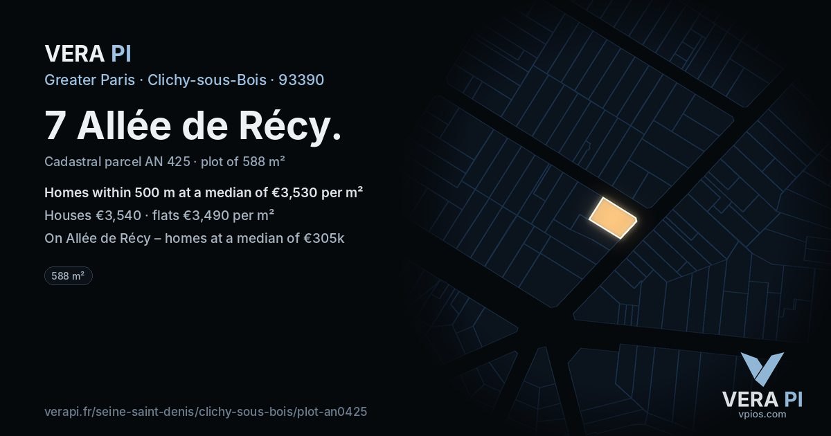7 Allée de Récy, Clichy-sous-Bois at night – the plot lit, the parcels around coloured by the prices near them