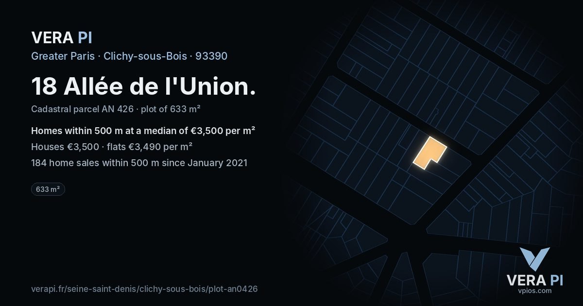 18 Allée de l'Union, Clichy-sous-Bois at night – the plot lit, the parcels around coloured by the prices near them