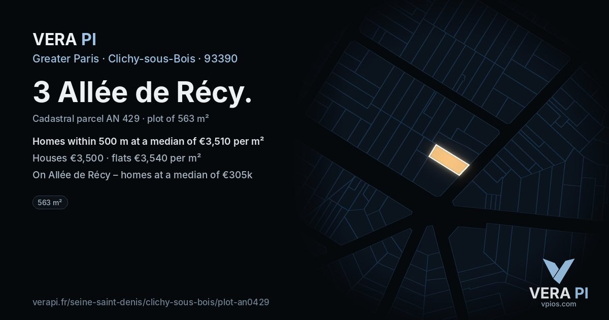 3 Allée de Récy, Clichy-sous-Bois at night – the plot lit, the parcels around coloured by the prices near them