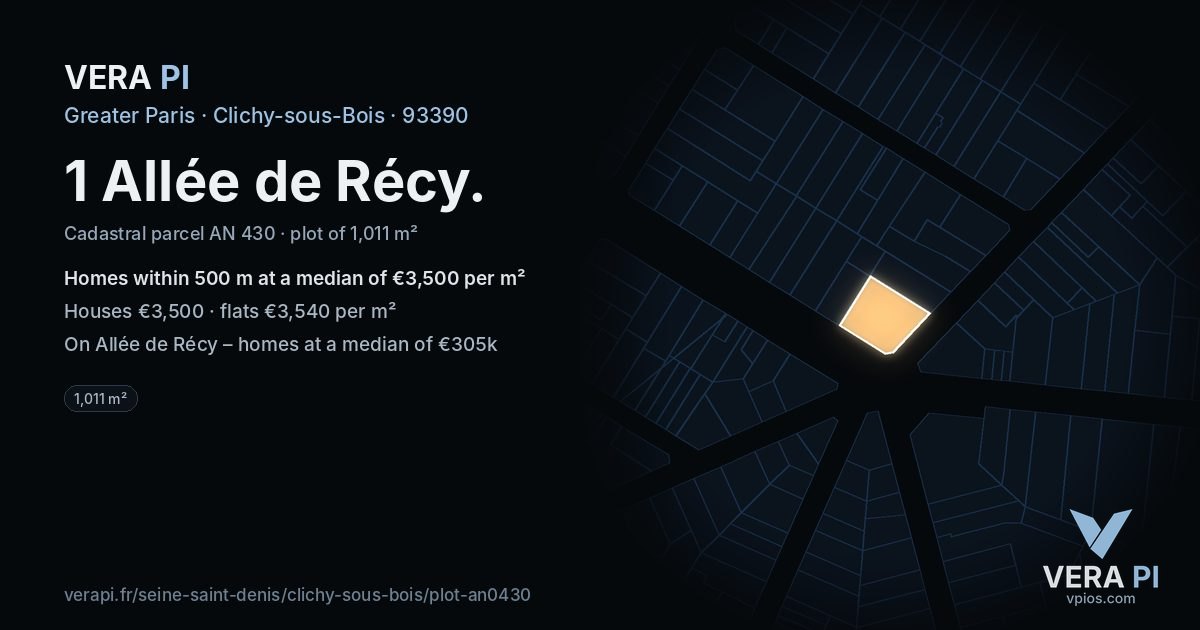 1 Allée de Récy, Clichy-sous-Bois at night – the plot lit, the parcels around coloured by the prices near them