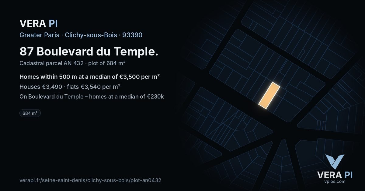 87 Boulevard du Temple, Clichy-sous-Bois at night – the plot lit, the parcels around coloured by the prices near them